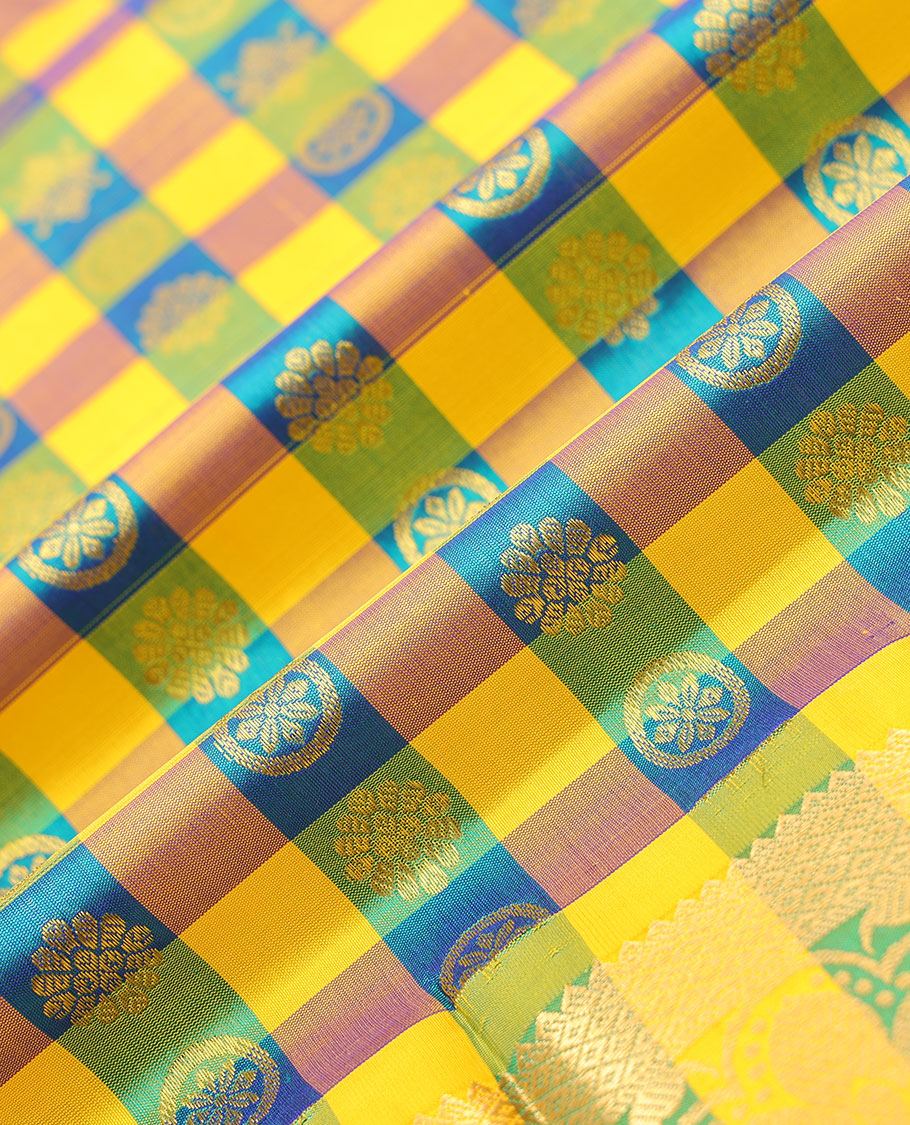 Multi-color checked with zari buttas navarathna pavadai material, traditional zari border & contrast zari design blouse