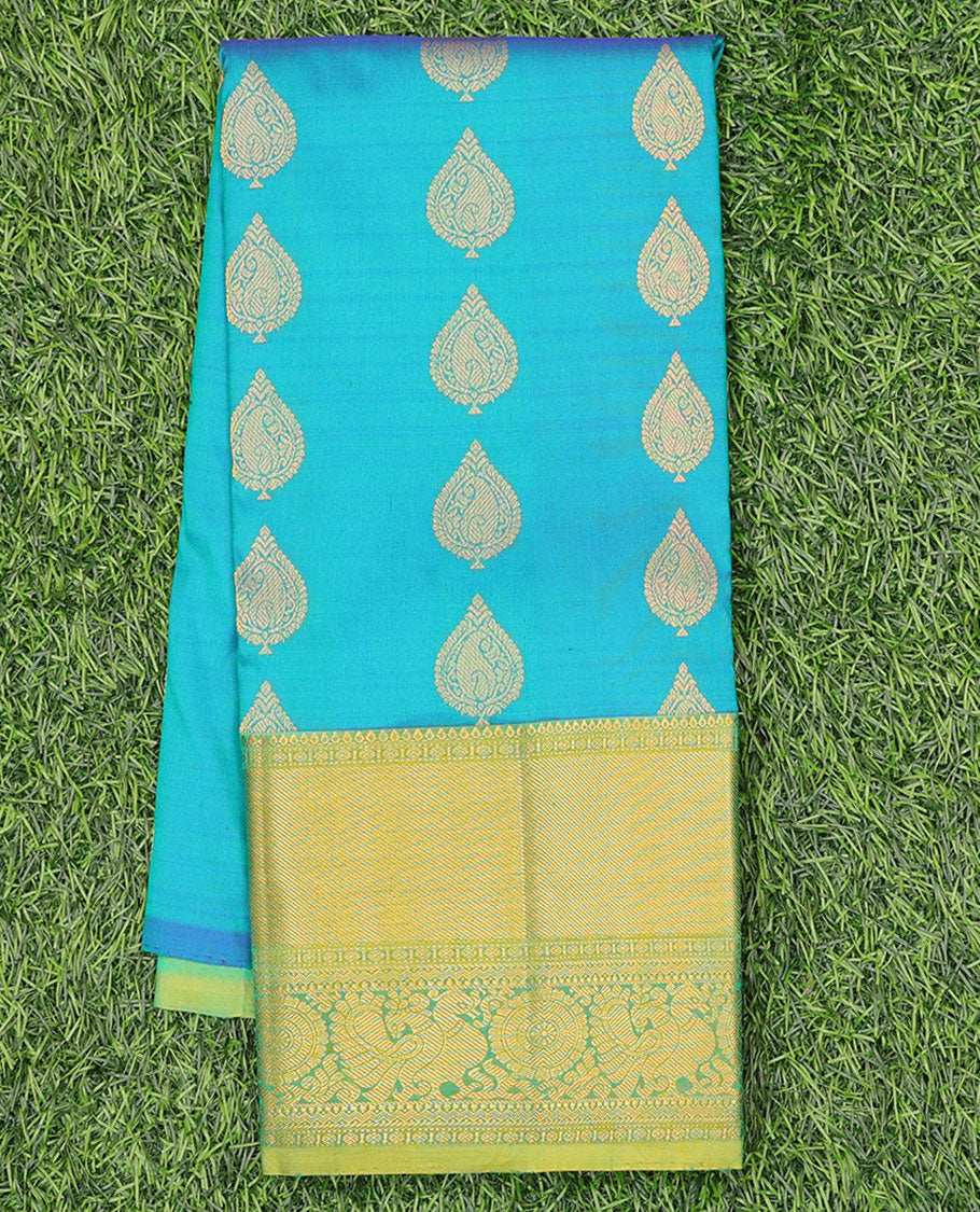 Blue zari design navarathna pavadai material, contrast blouse & border of traditional zari designs