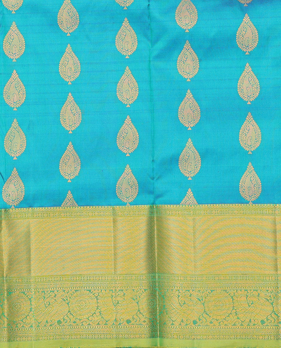 Blue zari design navarathna pavadai material, contrast blouse & border of traditional zari designs