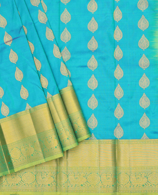 Blue zari design navarathna pavadai material, contrast blouse & border of traditional zari designs