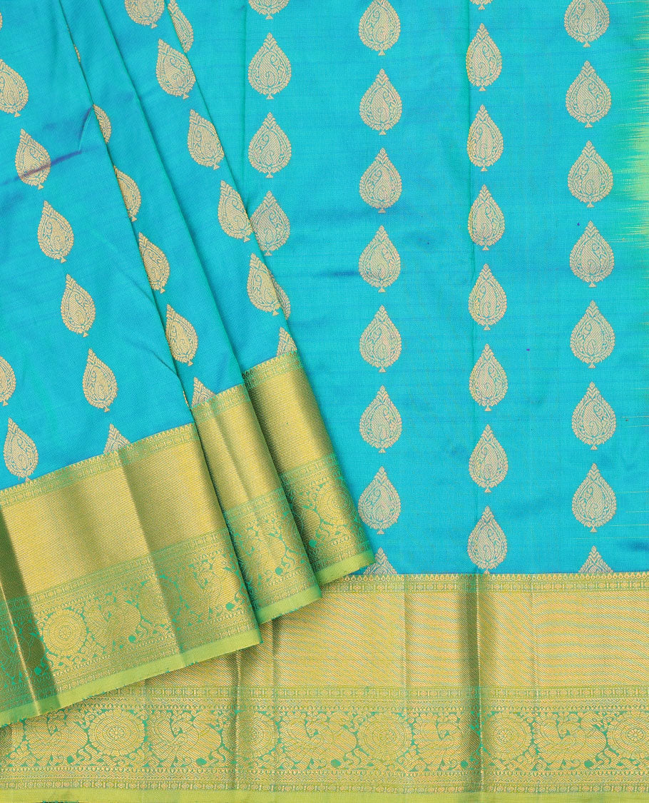 Blue zari design navarathna pavadai material, contrast blouse & border of traditional zari designs