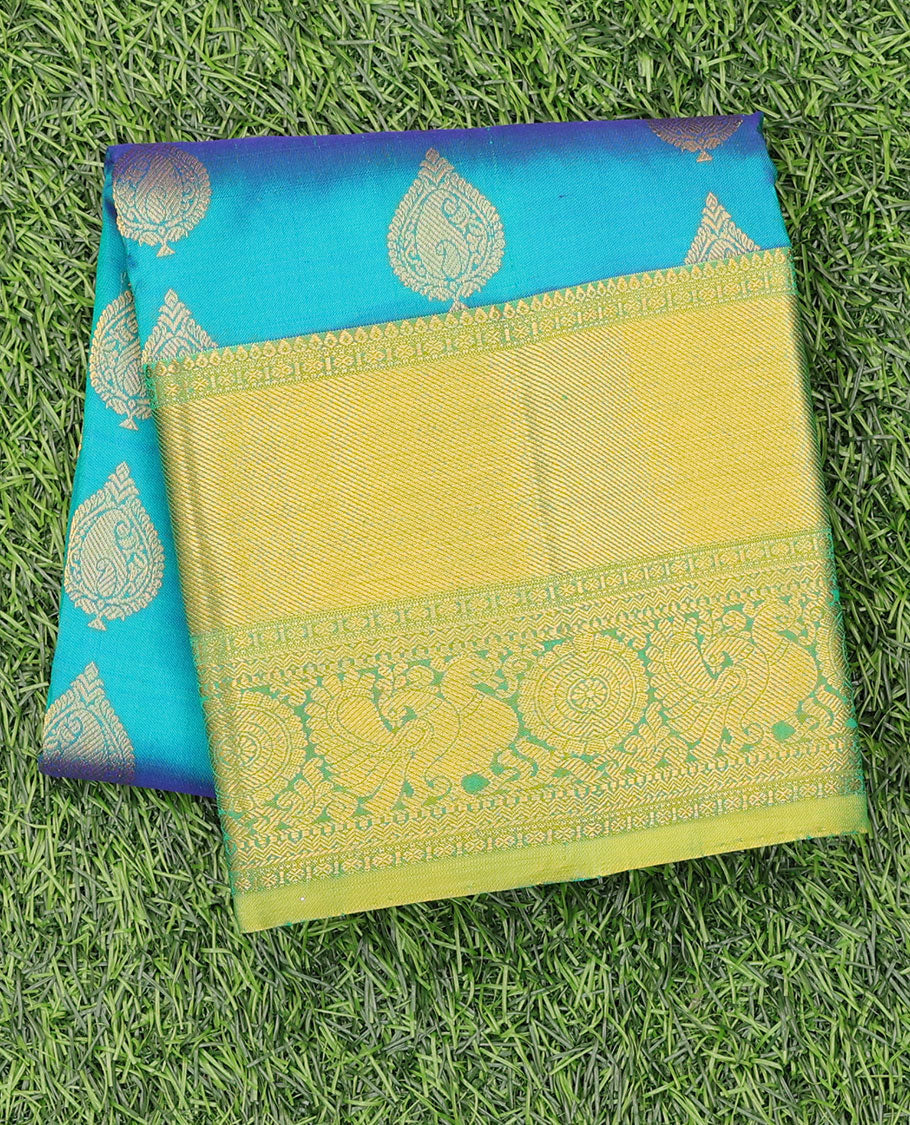 Blue zari design navarathna pavadai material, contrast blouse & border of traditional zari designs