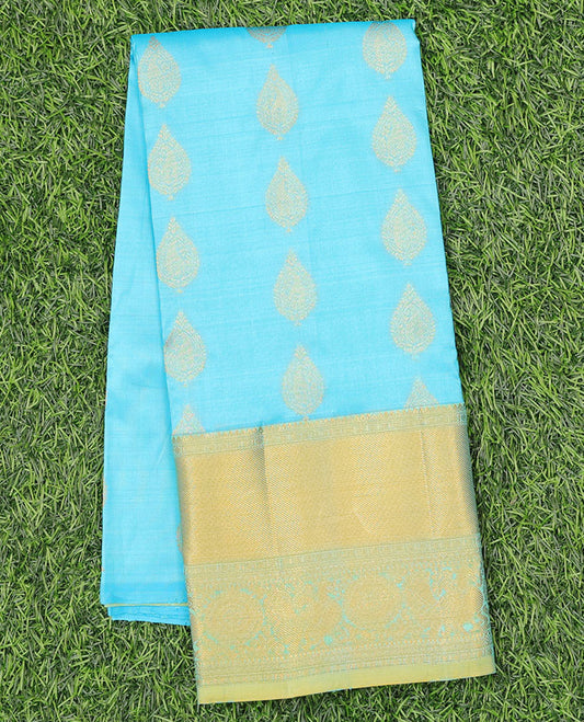 Blue zari design navarathna pavadai material, contrast blouse & border of traditional zari designs