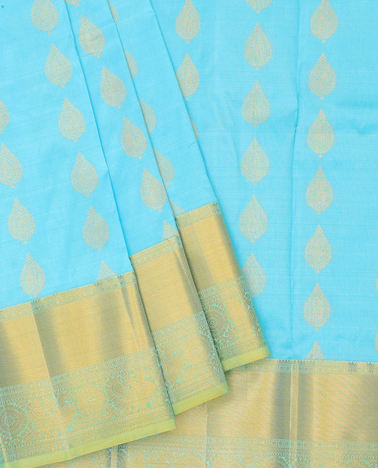 Blue zari design navarathna pavadai material, contrast blouse & border of traditional zari designs