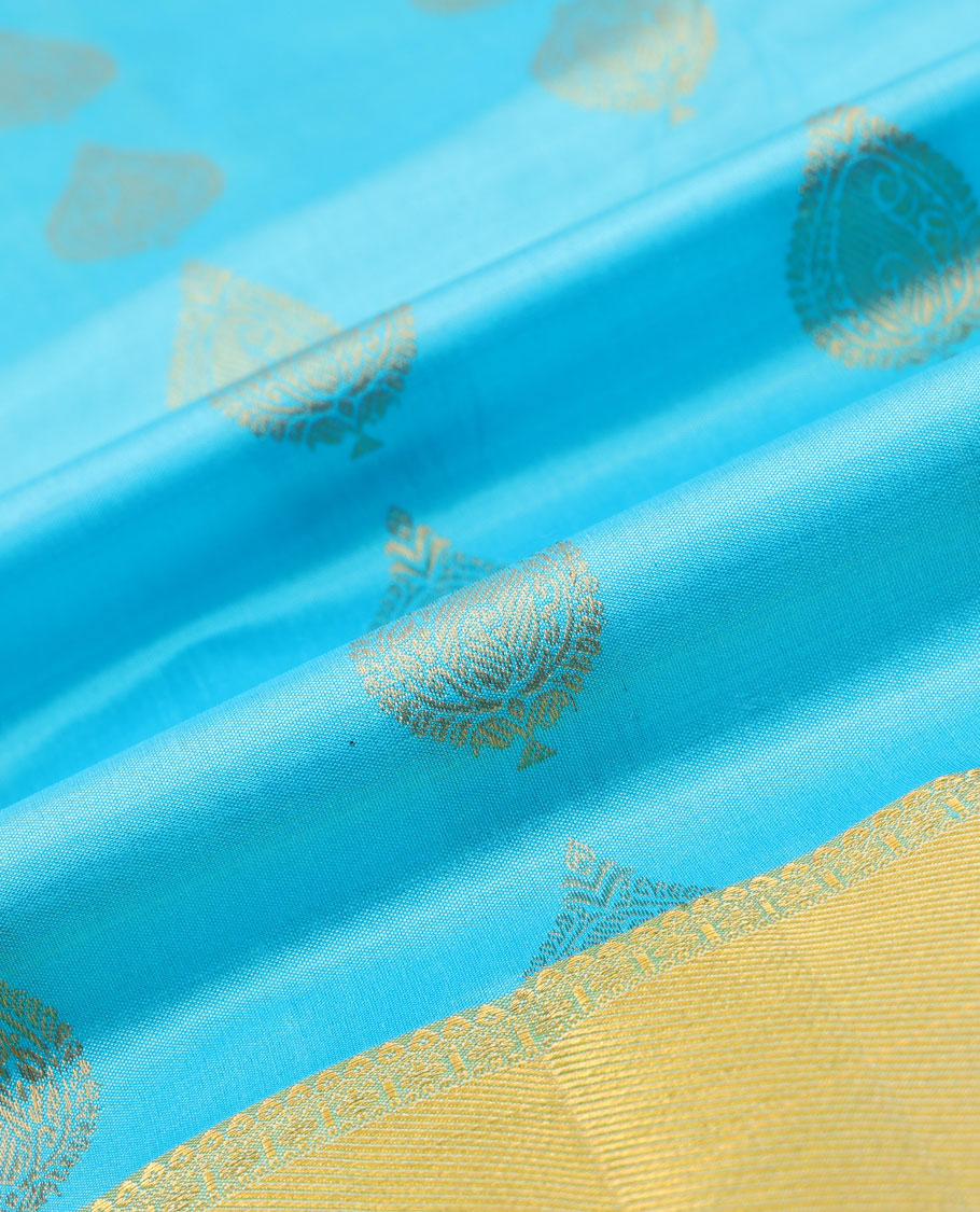 Blue zari design navarathna pavadai material, contrast blouse & border of traditional zari designs