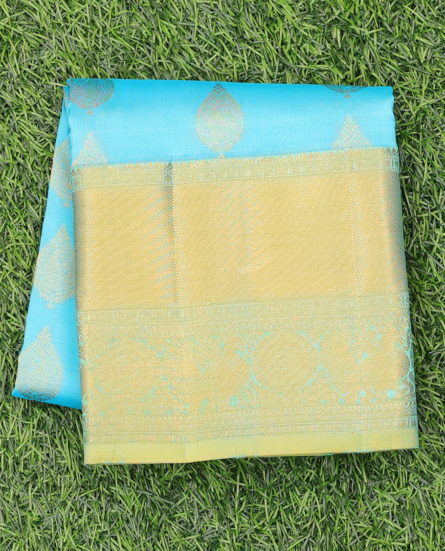 Blue zari design navarathna pavadai material, contrast blouse & border of traditional zari designs