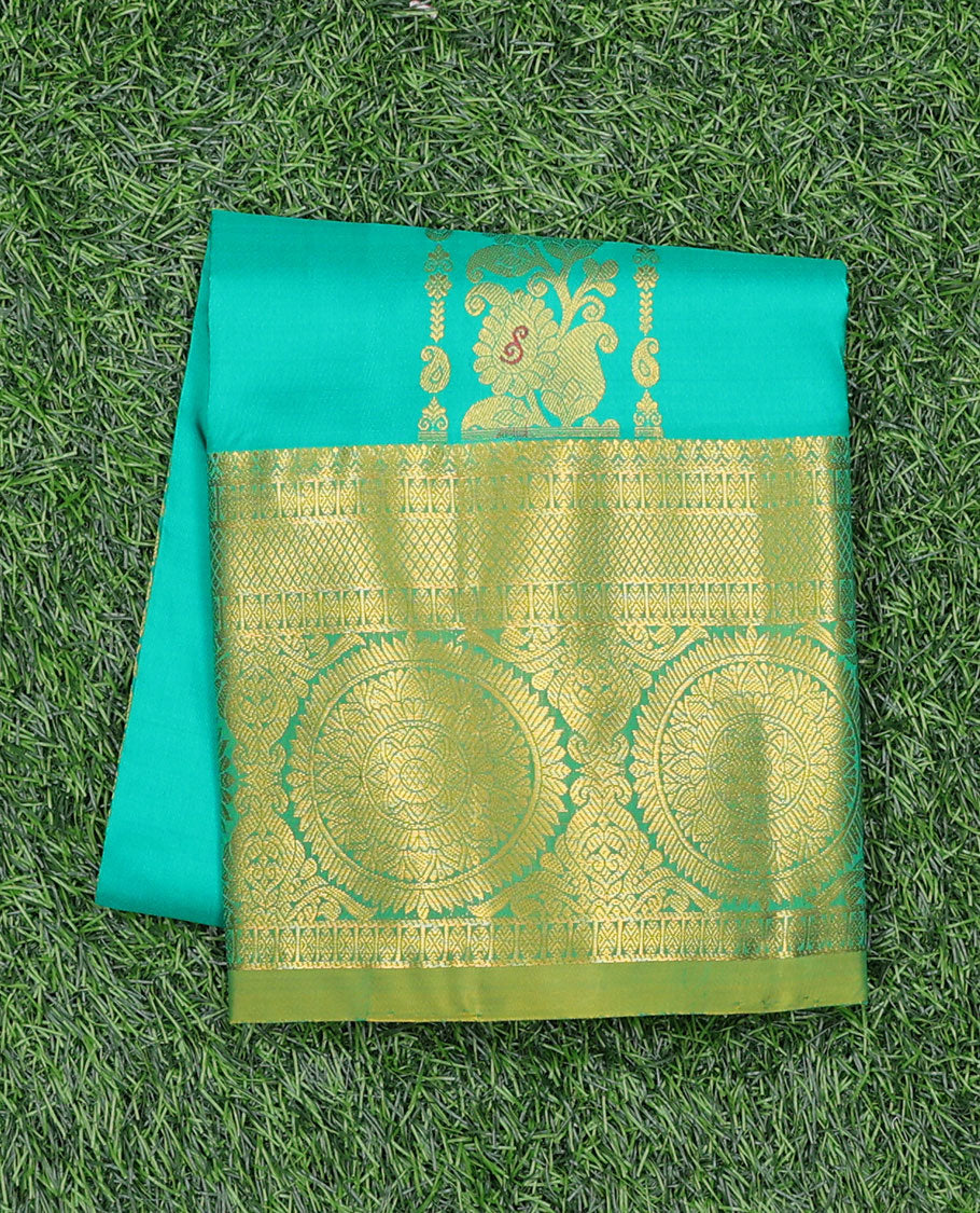 Turquoise zari designs navarathna pavadai material, contrast blouse & traditional zari design border