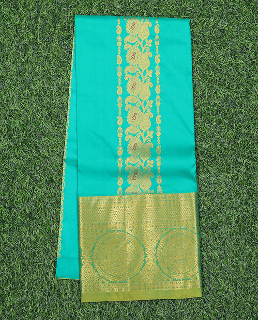 Turquoise zari designs navarathna pavadai material, contrast blouse & traditional zari design border