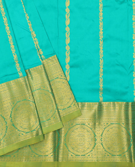 Turquoise zari designs navarathna pavadai material, contrast blouse & traditional zari design border