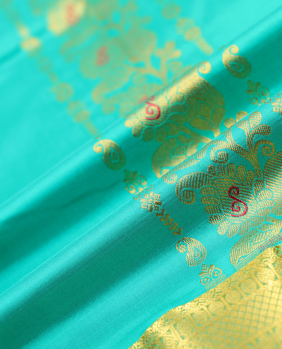 Turquoise zari designs navarathna pavadai material, contrast blouse & traditional zari design border