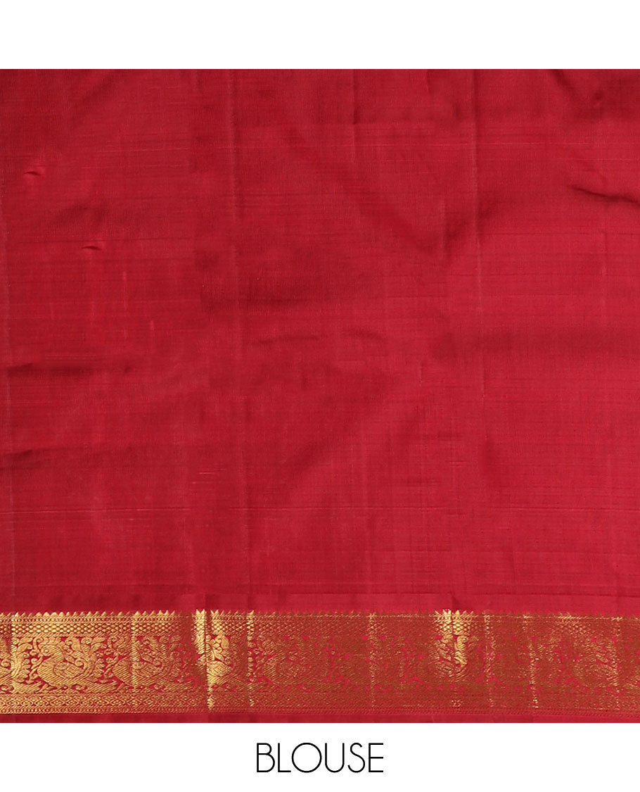 Multi-color checked & butta Kanchipuram silksaree,contrast korvai border of rekku,muthu,mayil,jada nagam & kuyil kann