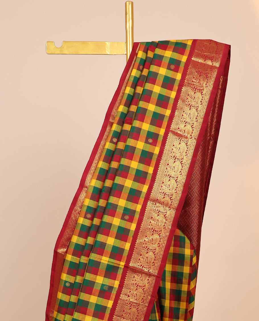 Multi-color checked & butta Kanchipuram silksaree,contrast korvai border of rekku,muthu,mayil,jada nagam & kuyil kann