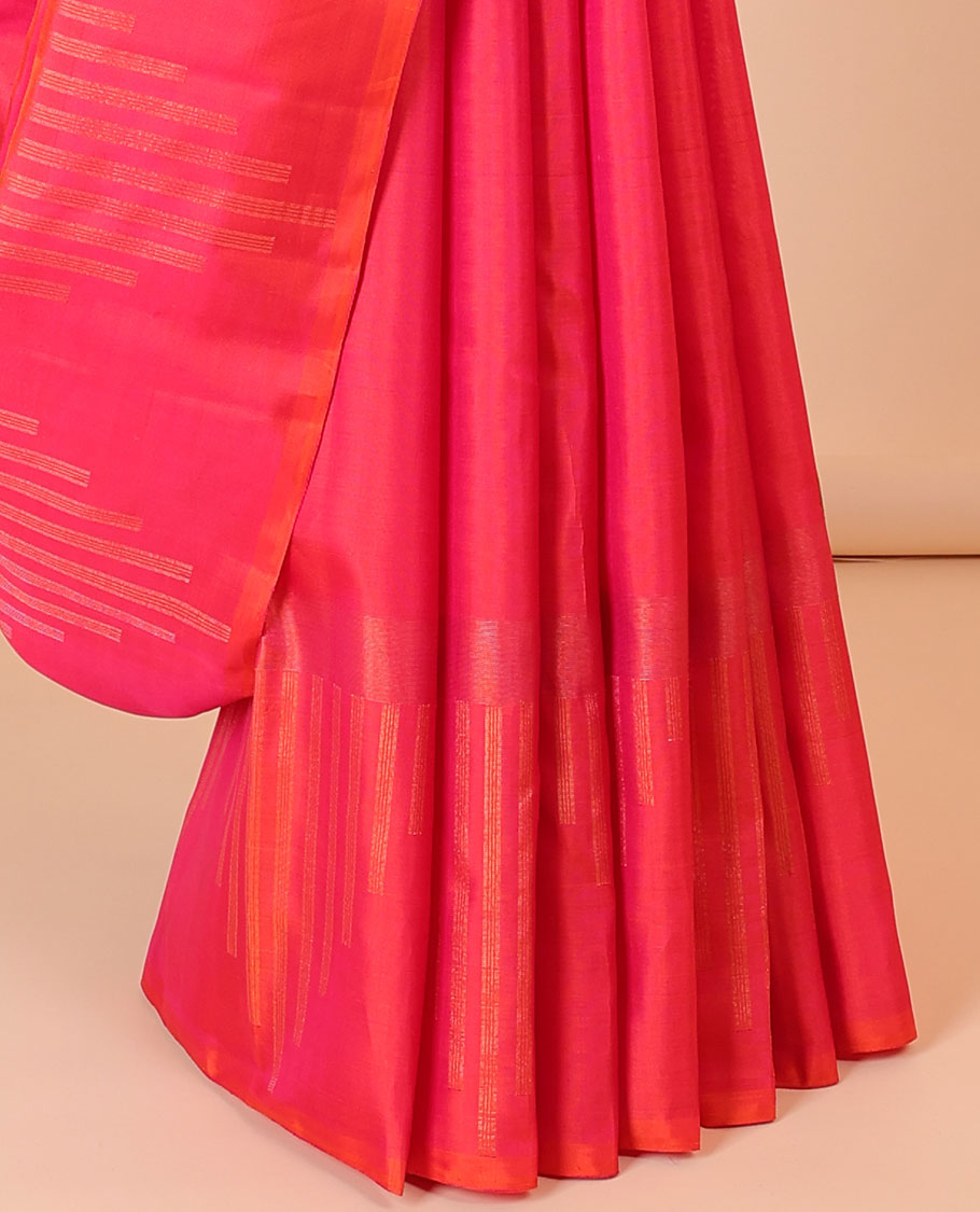 Pink silk saree with mayil chakram buttas, zari border of temple designs & zari-rich pallu of zari stripes