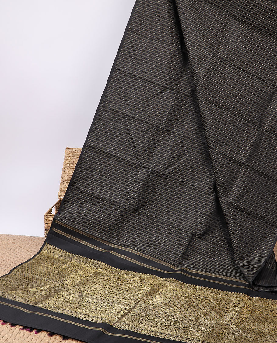 Borderless brown silk saree with zari buttas, self-pallu of thilakam,diamond & dhavana kodi