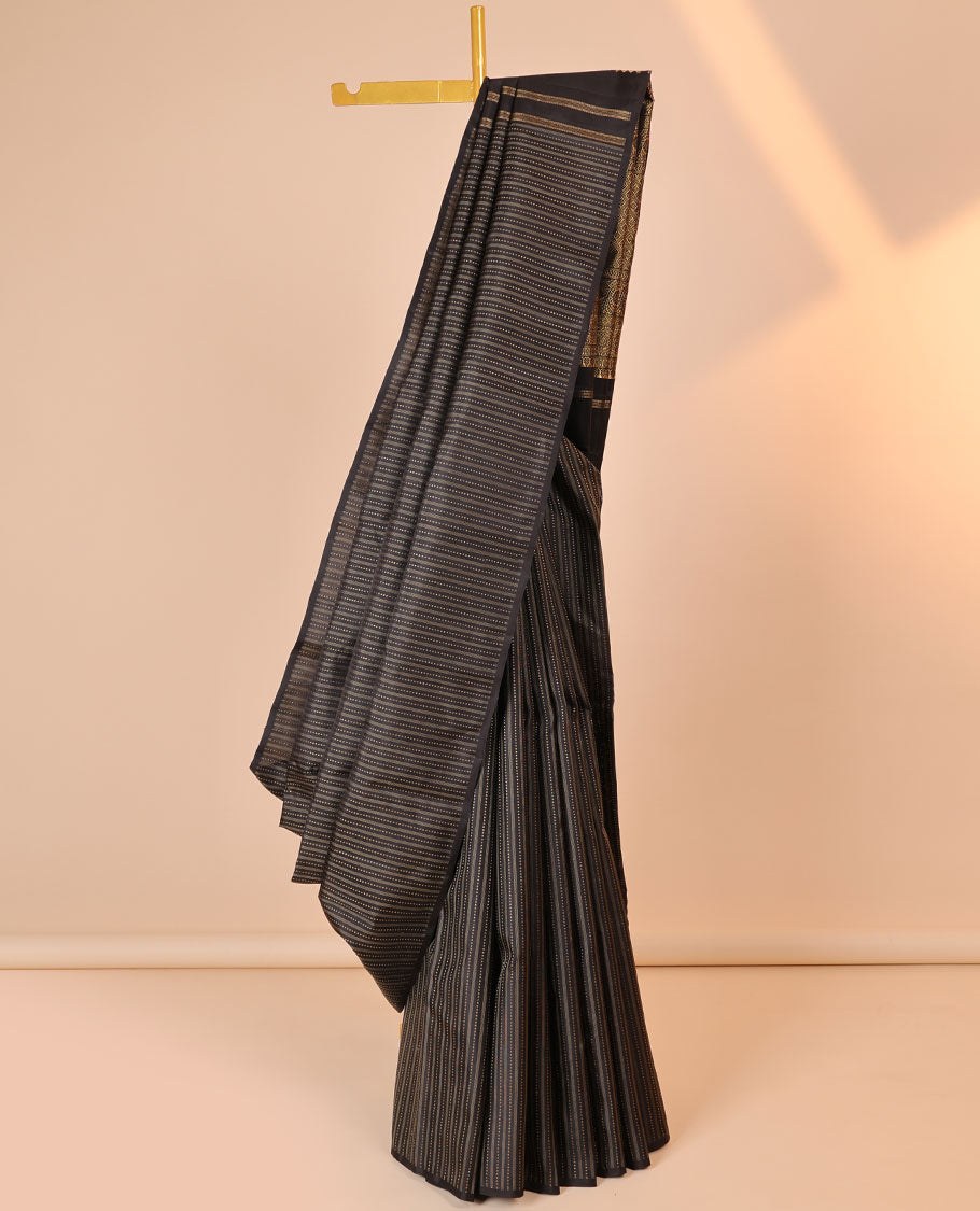 Borderless brown silk saree with zari buttas, self-pallu of thilakam,diamond & dhavana kodi