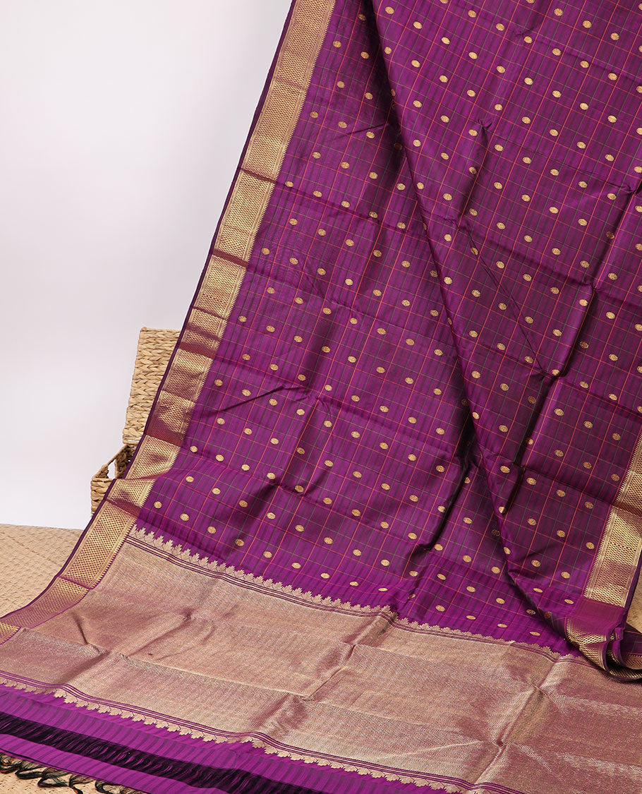 Purple checked silk saree with zari buttas, zari border of rekku,muthu,banaras & ara maadam & pallu of intricate designs