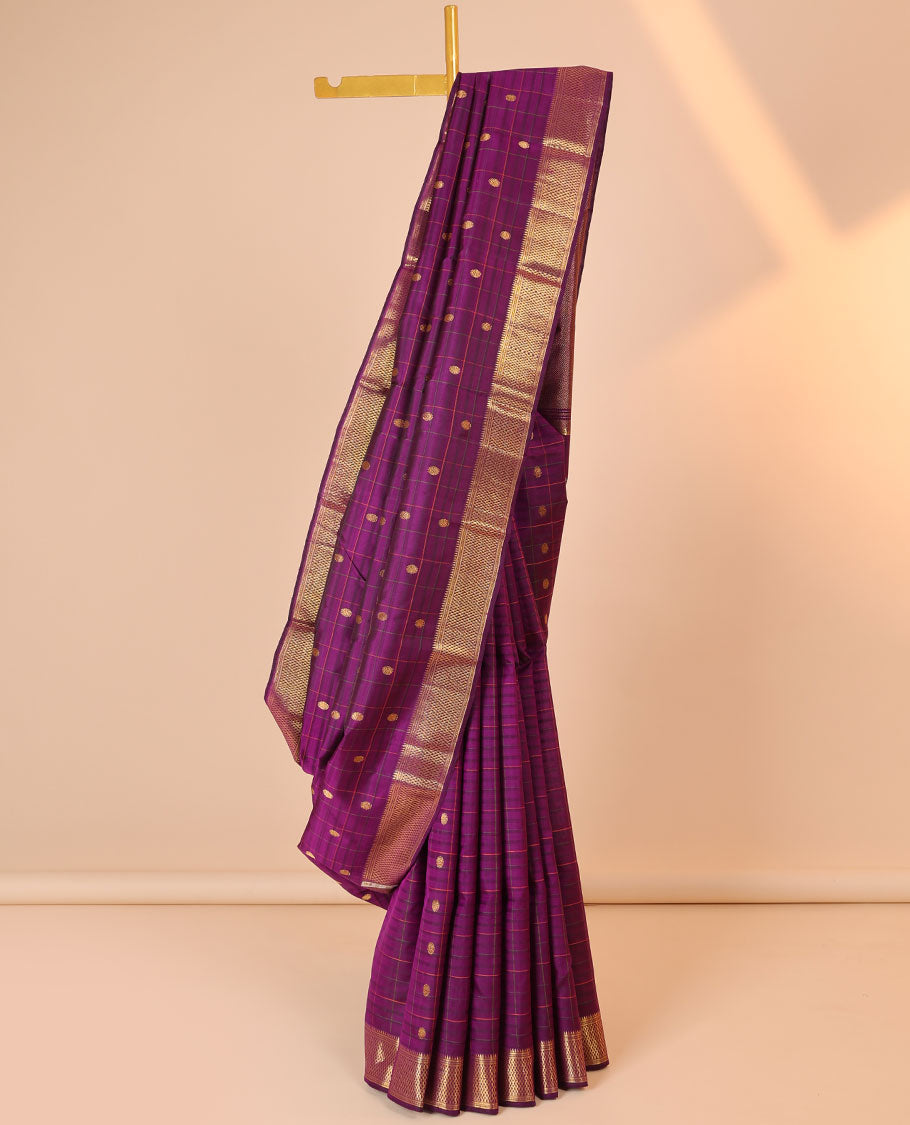 Purple checked silk saree with zari buttas, zari border of rekku,muthu,banaras & ara maadam & pallu of intricate designs