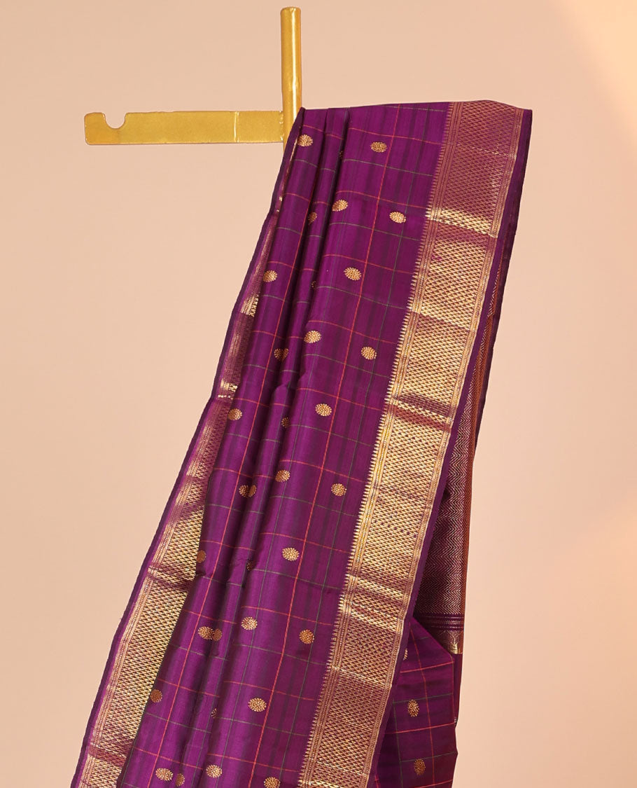 Purple checked silk saree with zari buttas, zari border of rekku,muthu,banaras & ara maadam & pallu of intricate designs