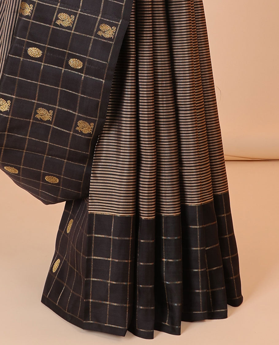 Black striped silk saree, zari checked border of mayil chakram & zari-rich pallu of seppu rekku