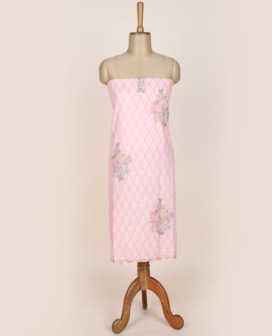 Pink chudidhar material set, jaal printed & floral motifs embroidered top, plain bottom & floral printed dupatta