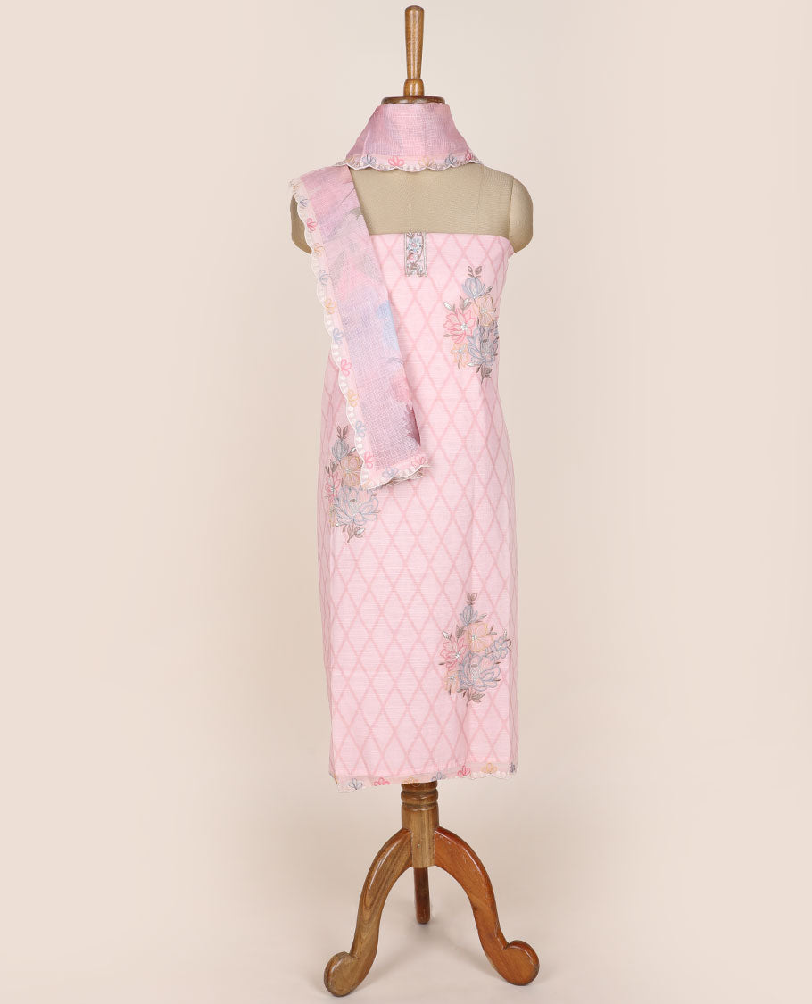 Pink chudidhar material set, jaal printed & floral motifs embroidered top, plain bottom & floral printed dupatta