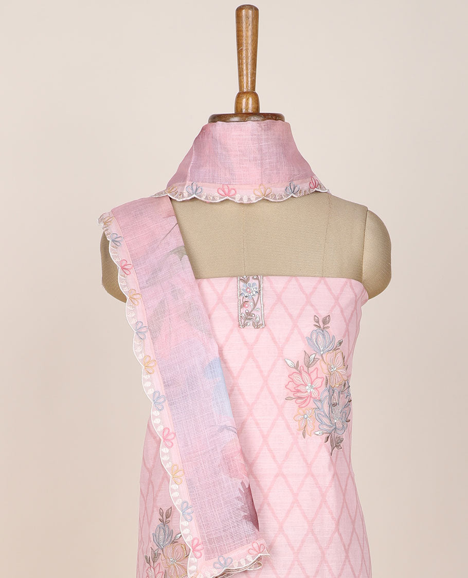 Pink chudidhar material set, jaal printed & floral motifs embroidered top, plain bottom & floral printed dupatta