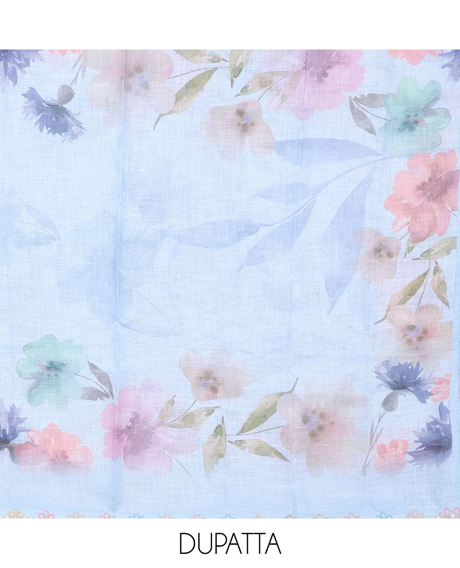 Blue chudidhar material set, jaal printed & floral motifs embroidered top, plain bottom & floral printed dupatta