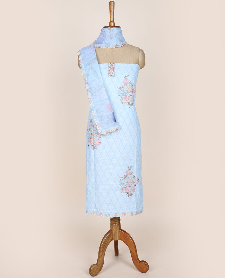Blue chudidhar material set, jaal printed & floral motifs embroidered top, plain bottom & floral printed dupatta