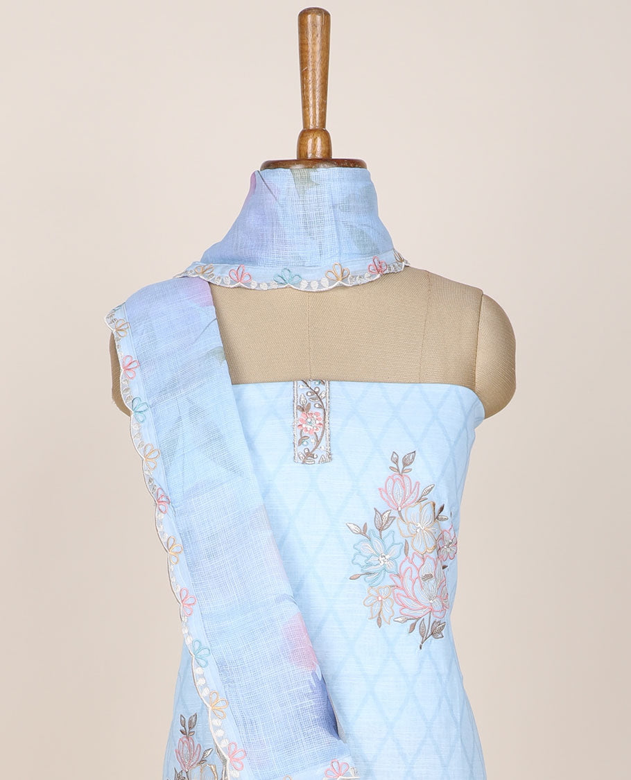 Blue chudidhar material set, jaal printed & floral motifs embroidered top, plain bottom & floral printed dupatta