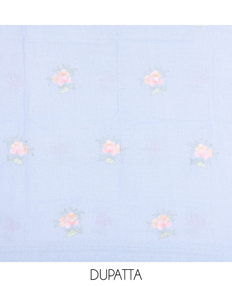 Blue chudidhar material set, embroidered top, plain bottom & floral embroidered dupatta