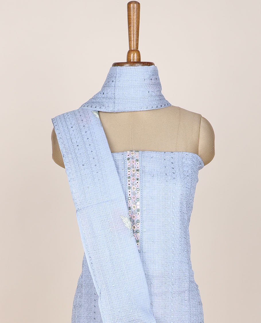 Blue chudidhar material set, embroidered top, plain bottom & floral embroidered dupatta