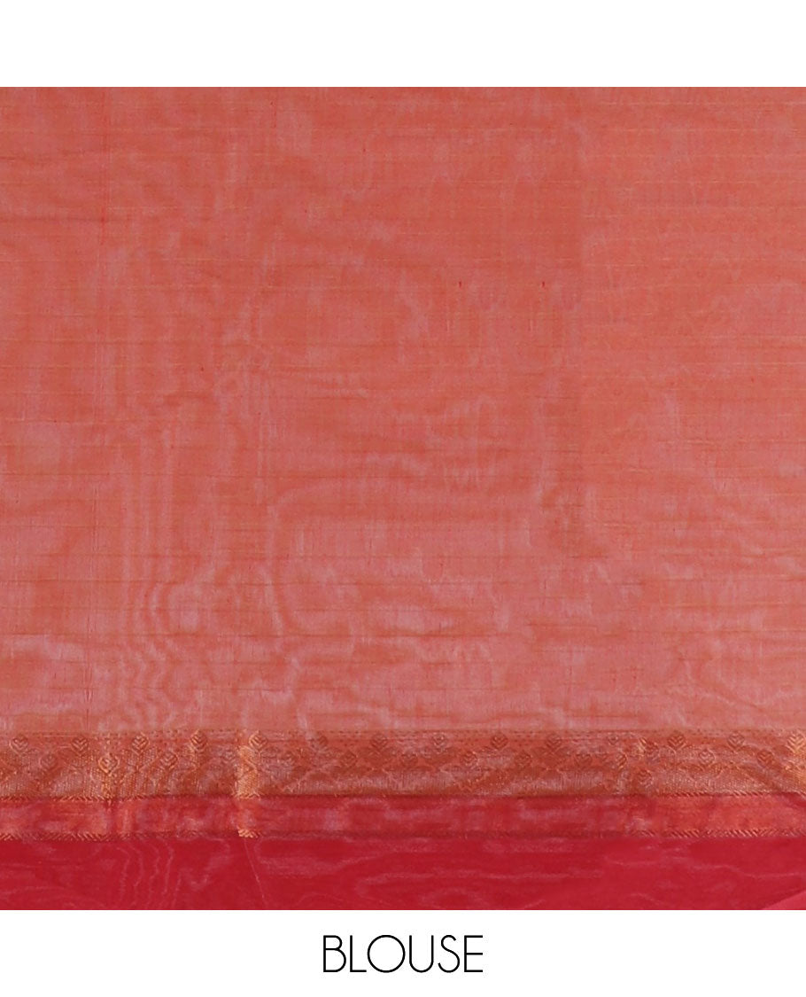 Borderless orange striped kanchi cotton saree with floral buttas, contrast zari design border & pallu of floral designs
