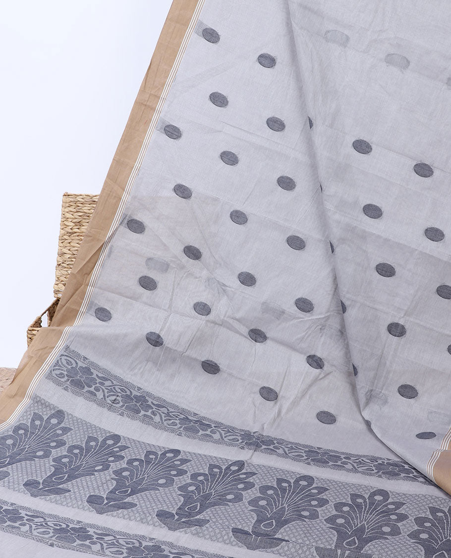 Grey kanchi cotton saree with buttas, contrast plain border & pallu of floral designs