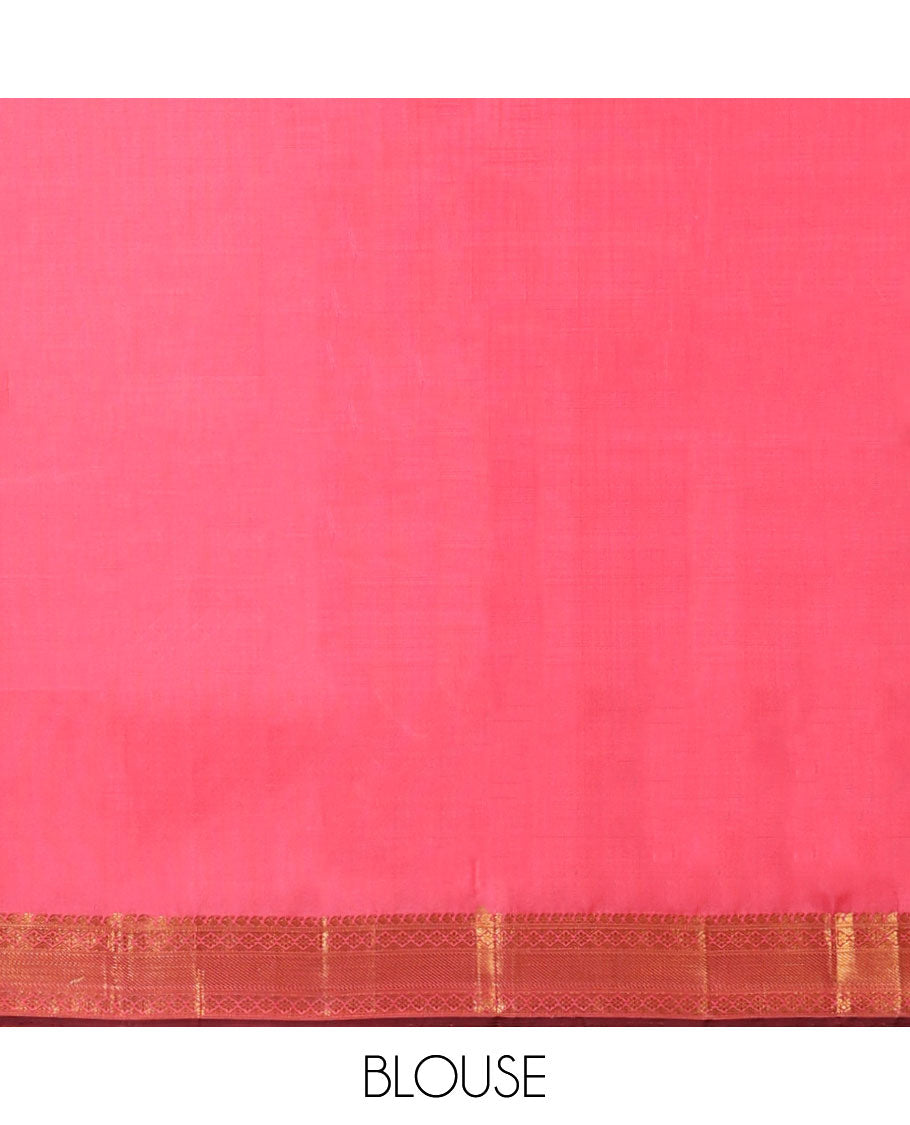 Sandal zari buttas kancheepuram silksaree, zari border of manga & kamalam & contrast pallu steeped with paisleys