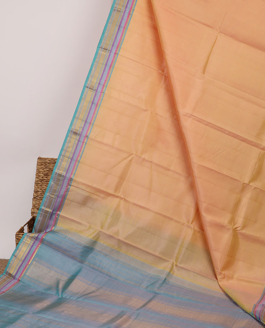 Orange plain kancheepuram silk saree, contrast zari design pallu & border of thilakam mokku,muthu,kathir & zari design