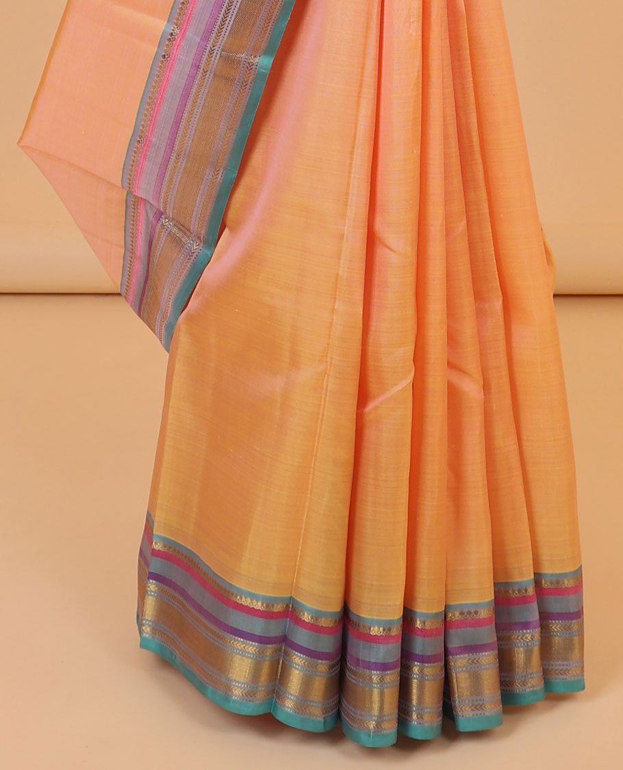 Orange plain kancheepuram silk saree, contrast zari design pallu & border of thilakam mokku,muthu,kathir & zari design