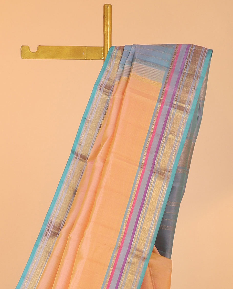 Orange plain kancheepuram silk saree, contrast zari design pallu & border of thilakam mokku,muthu,kathir & zari design