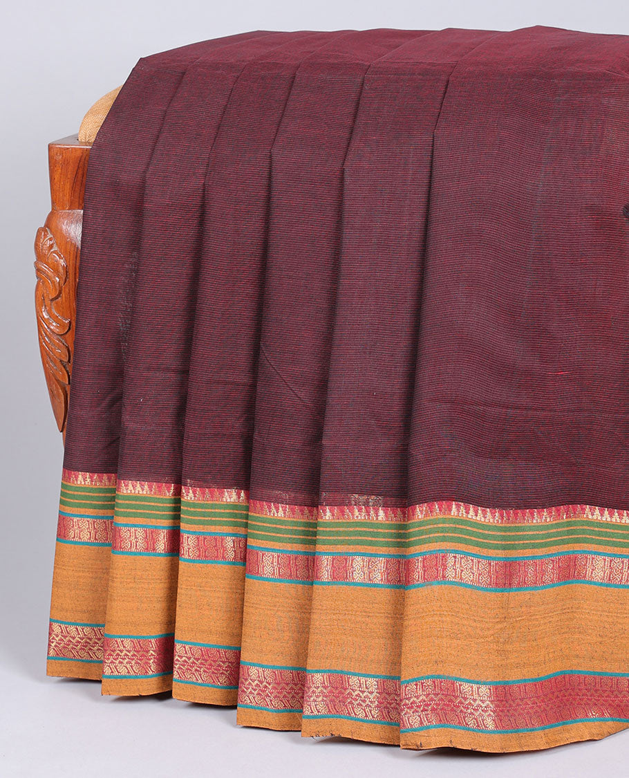 Brown striped bengal cotton saree, contrast traditional design ganga jamuna border & pallu of stripes
