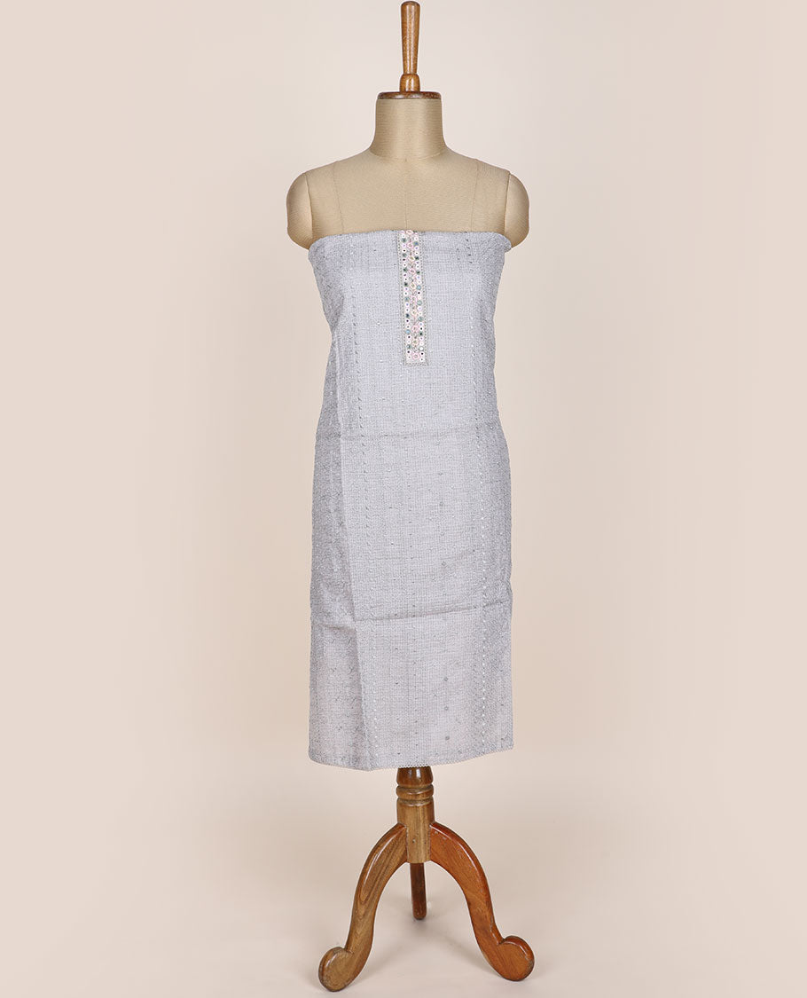 Grey chudidar material set, thread embroidered top, plain bottom & floral embroidered dupatta
