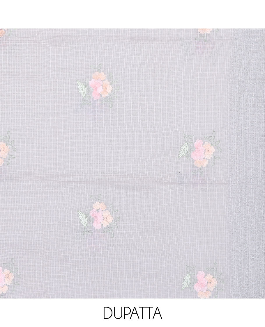 Grey chudidar material set, thread embroidered top, plain bottom & floral embroidered dupatta