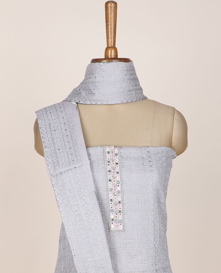 Grey chudidar material set, thread embroidered top, plain bottom & floral embroidered dupatta