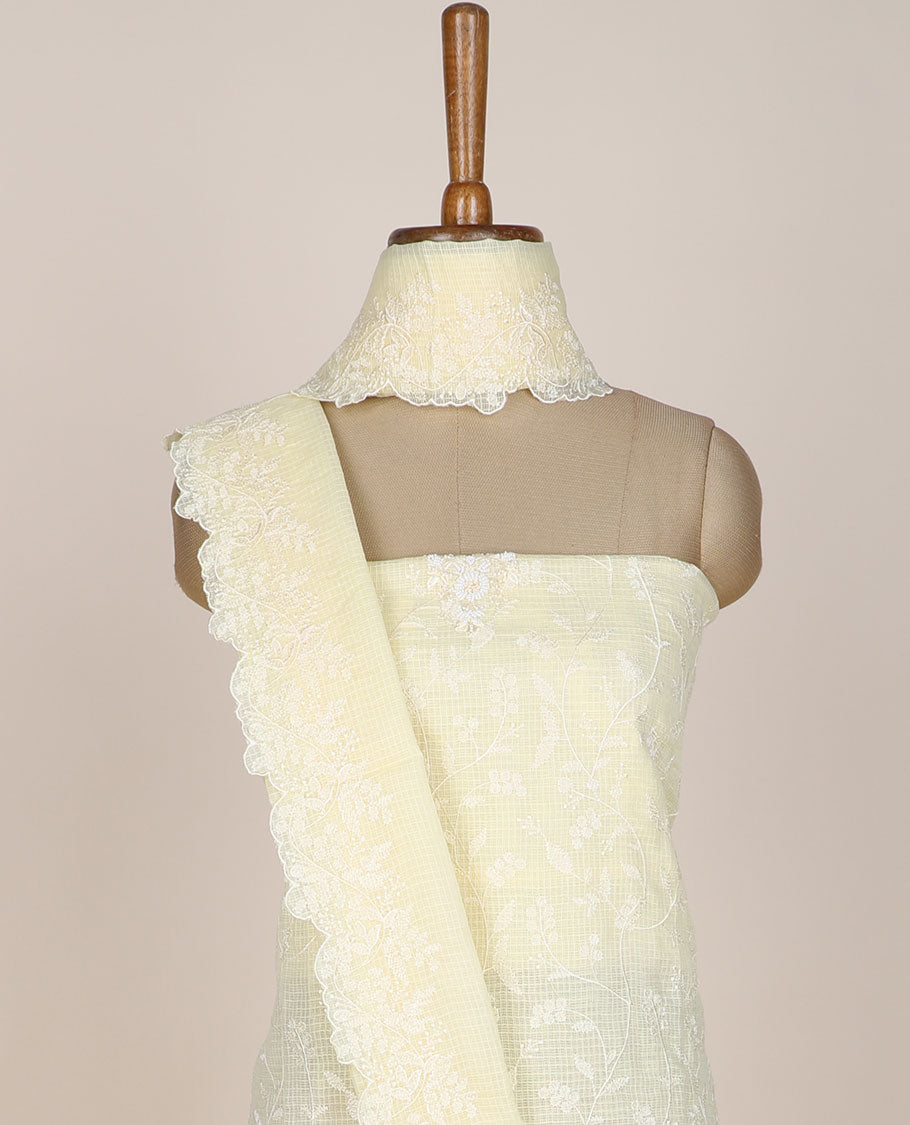 Yellow chudidar material set, floral vine thread embroidered top, plain bottom & floral embroidered scallop dupatta
