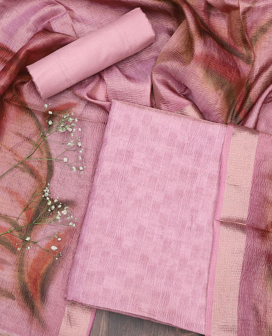 Pink chudidar material set, uniquely printed top, plain bottom & abstract-printed dupatta