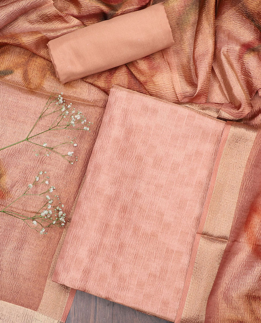 Peach chudidar material set, uniquely printed top, plain bottom & abstract-printed dupatta