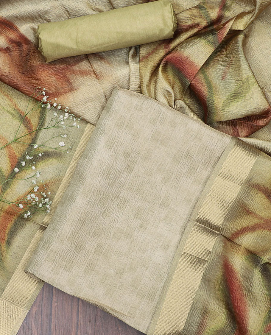 Green chudidar material set, uniquely printed top, plain bottom & abstract-printed dupatta