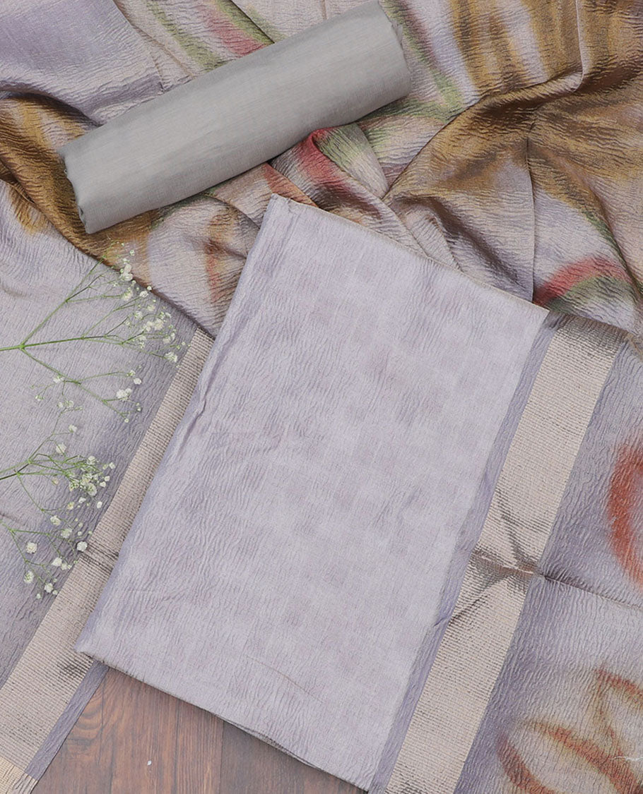 Grey chudidar material set, uniquely printed top, plain bottom & abstract-printed dupatta
