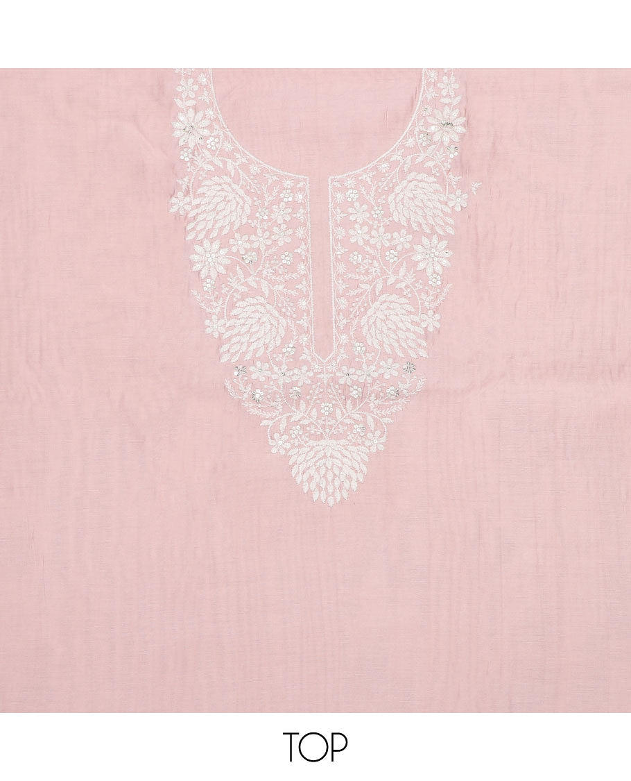 Pink chudidar material set, neck sequins embroidered top, plain bottom & sequins embroidered sacllop dupatta