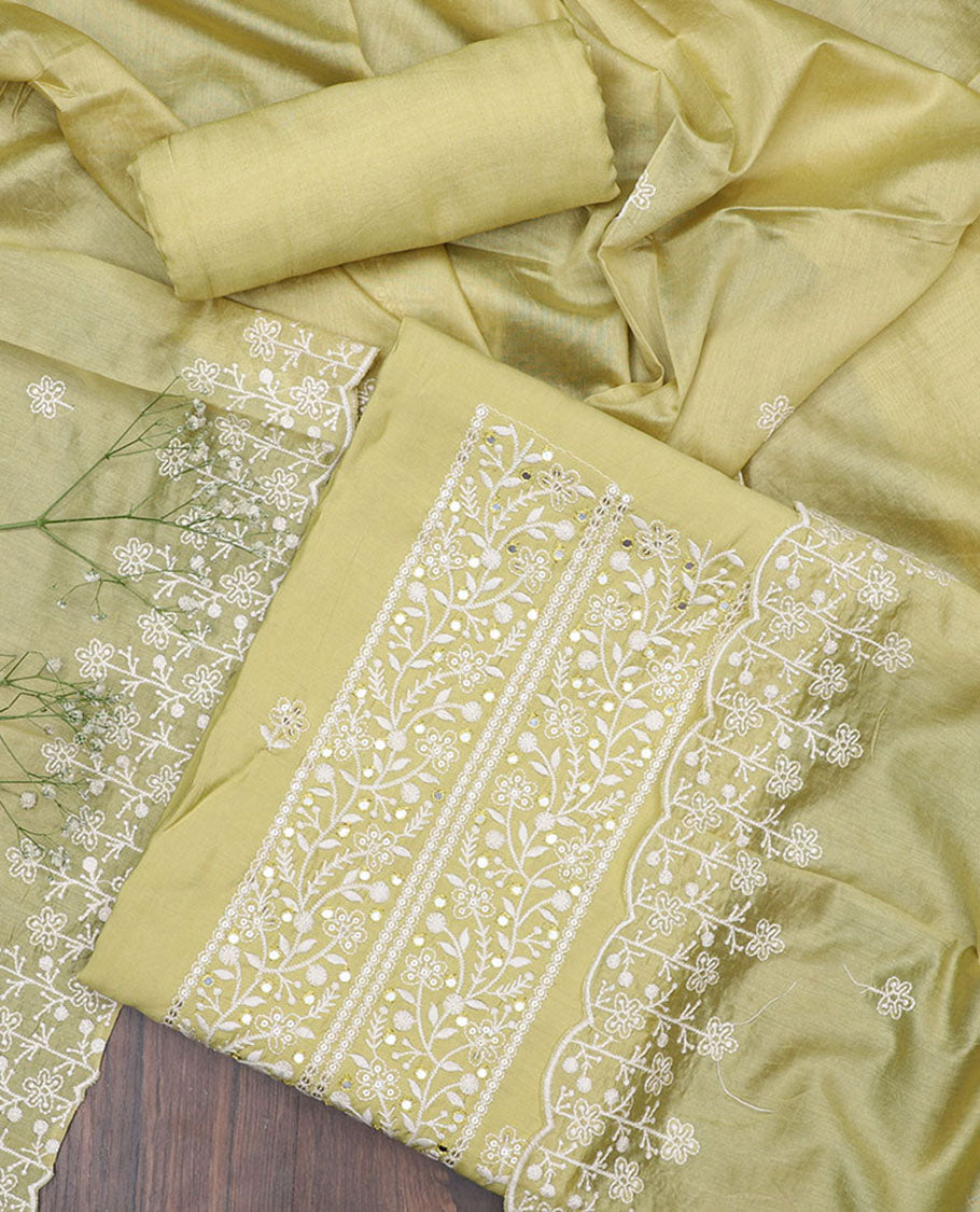 Green chudidar material set, sequins embroidered top, plain bottom & thread embroidered dupatta