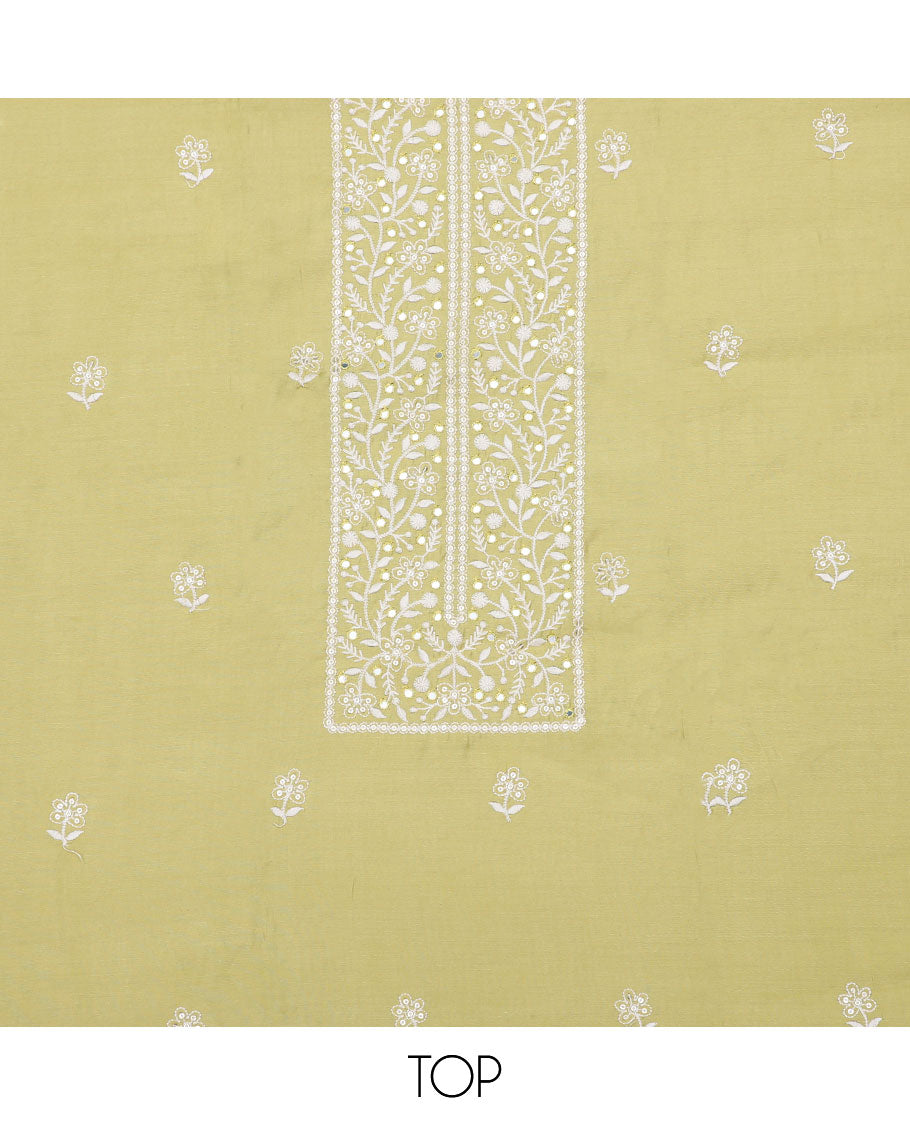 Green chudidar material set, sequins embroidered top, plain bottom & thread embroidered dupatta