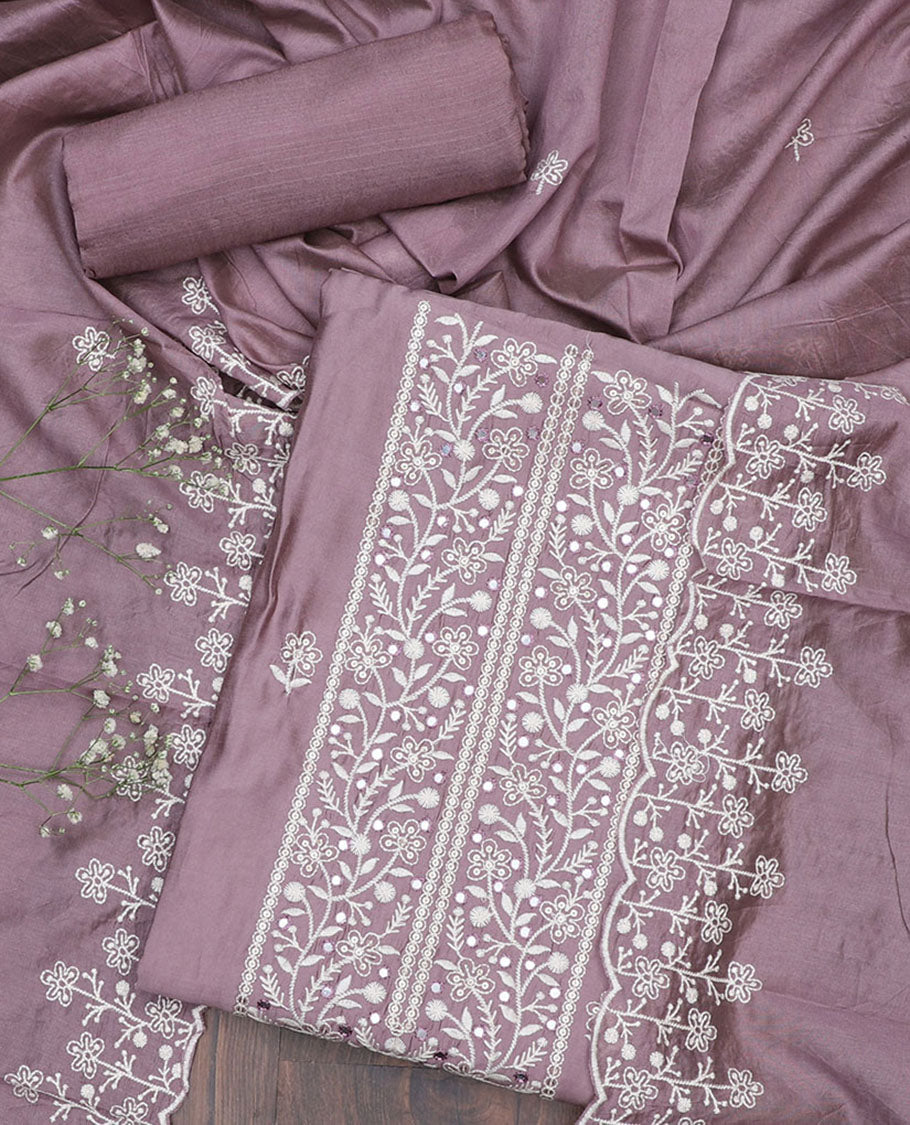 Purple chudidar material set, floral embroidered top, plain bottom & floral thread embroidered dupatta